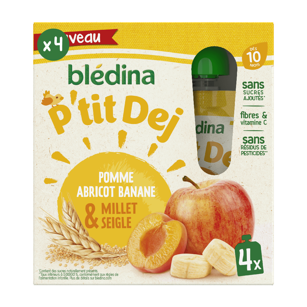 Gourdes P’tit Dej - Pomme Banane Abricot Millet Seigle - 4x85g - Blédina - Dès 10 mois - Face