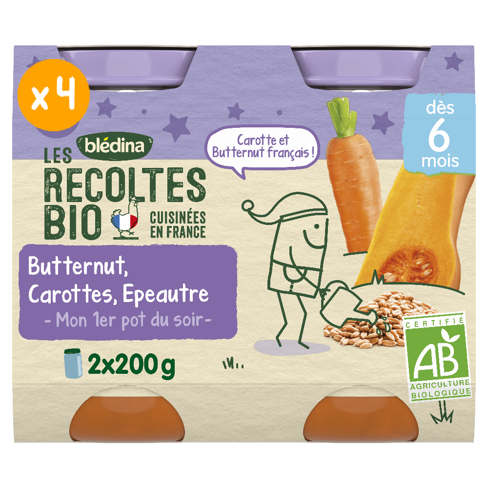 Petits pots Les Récoltes Bio - Butternut Carottes Epeautre - Lot x 4 - Dès 6 mois - Face