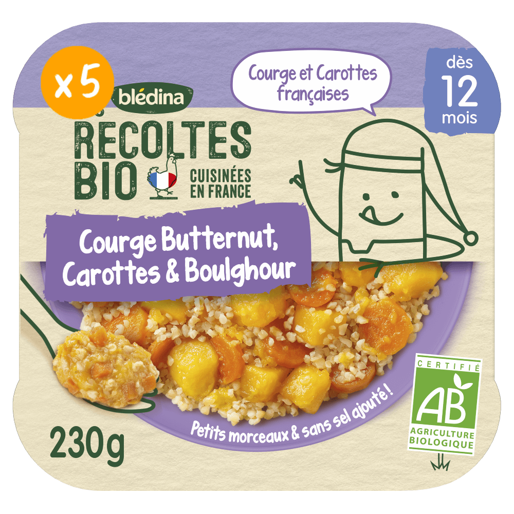 Les Récoltes Bio - Courge Butternut, Carottes et Boulghour - Lot x 5 - Dès 12 mois - Face