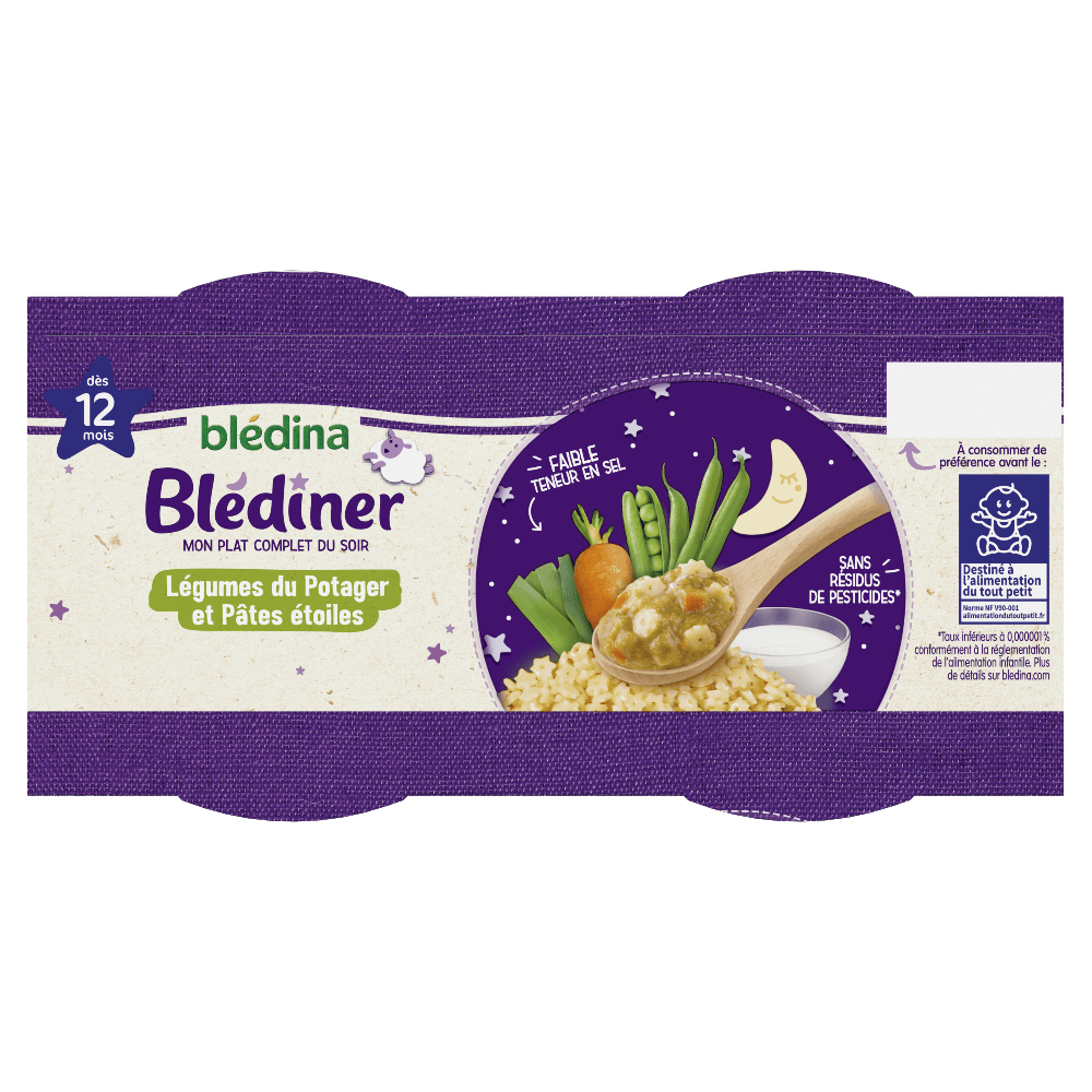 Blédîner - Légumes du potager et Pâtes étoile - Lot x4 - Blédina - Dès 12 mois - Dessus