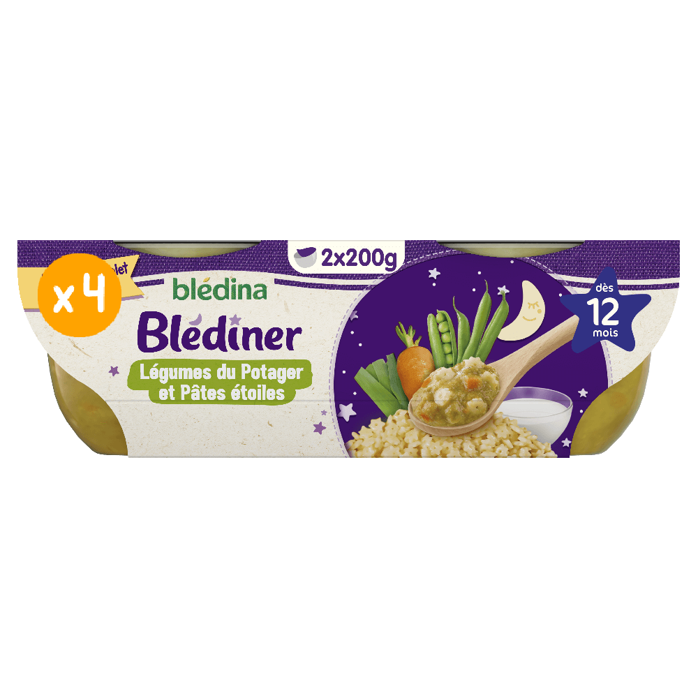 Blédîner - Légumes du potager et Pâtes étoile - Lot x4 - Blédina - Dès 12 mois - Face