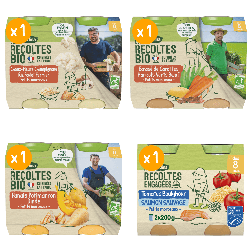 Petits pots - Les récoltes Bio & Engagées - Lot multi-variétés Légumes Viande et Poisson dès 8 mois x 4