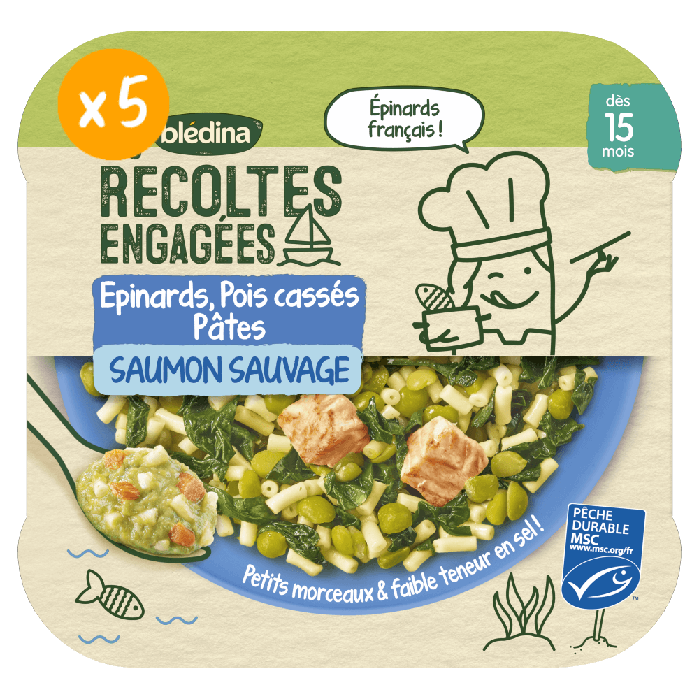 Les Récoltes Engagées - Epinards Pois cassés Saumon Sauvage & Pâtes étoiles- Lot x5 - Dès 15 mois - Face