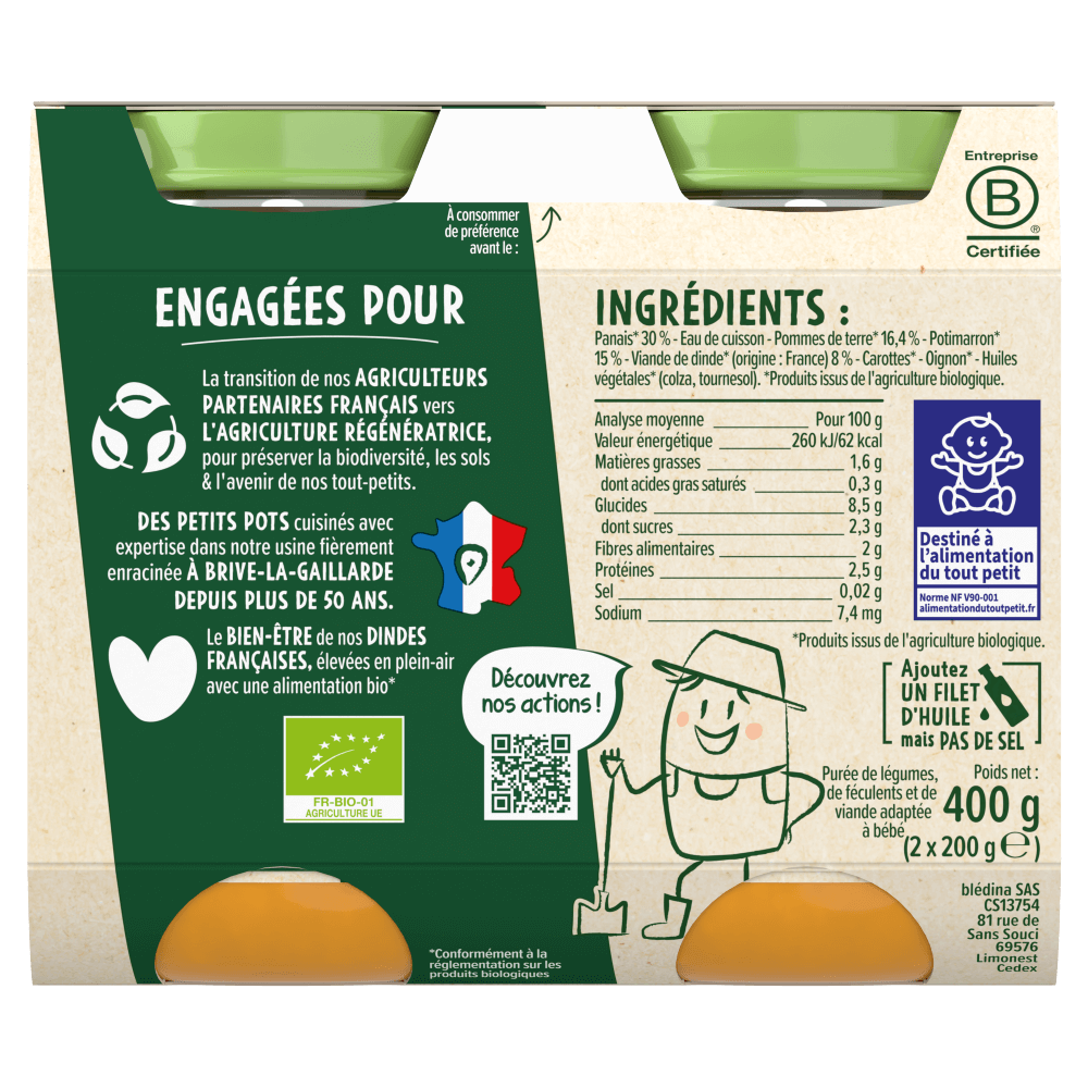 Petits pots - Les Récoltes Bio - Panais Potimarron Dinde petits morceaux - 2 x 200g - Dos