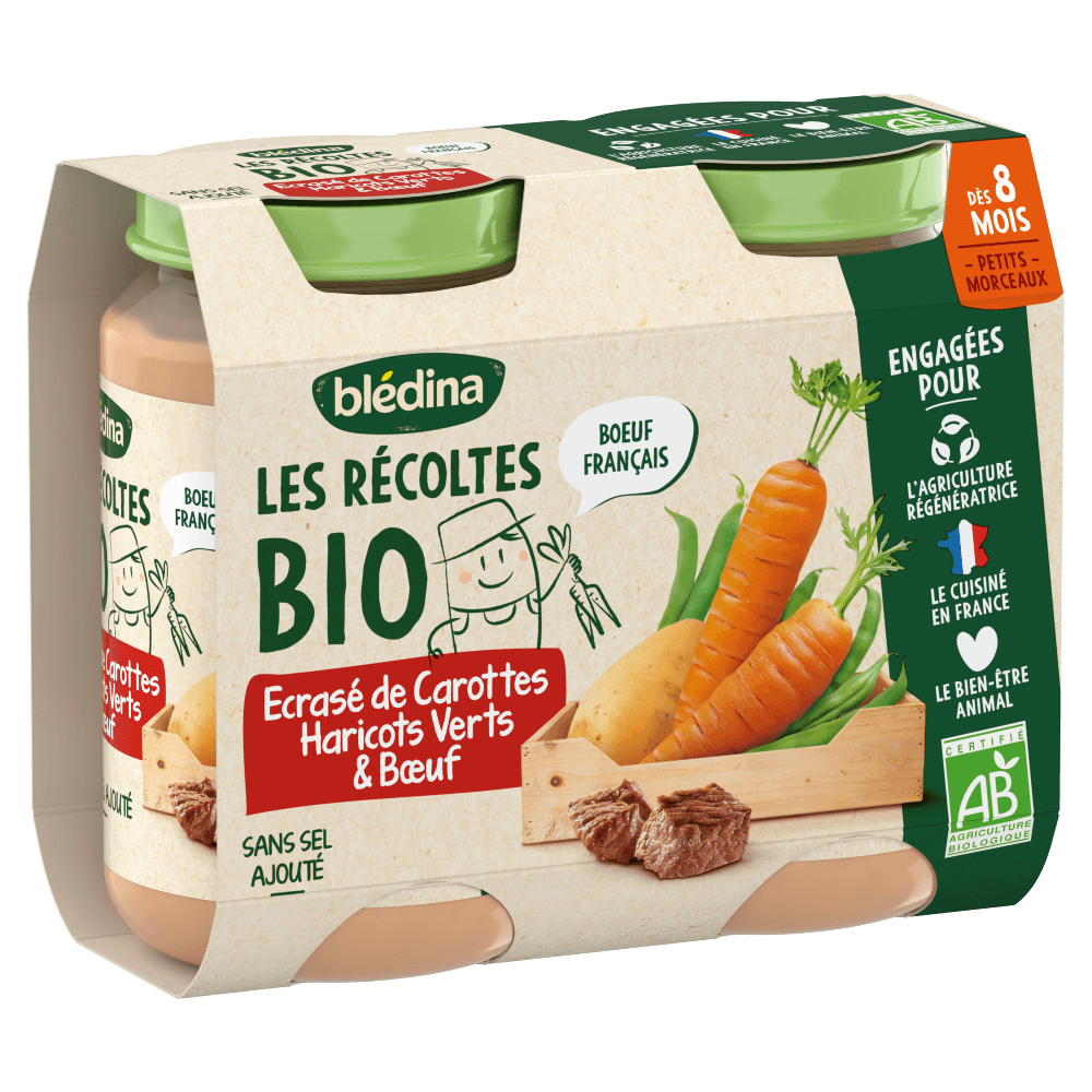 Petits pots - Les Récoltes Bio - Ecrasé de Carottes Haricots verts Boeuf - 2 x 200g - 3D