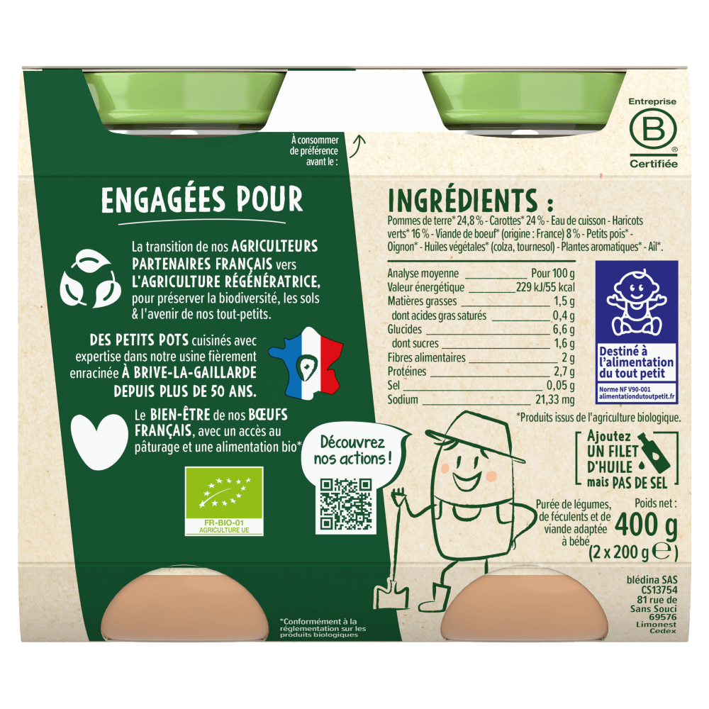 Petits pots - Les Récoltes Bio - Ecrasé de Carottes Haricots verts Boeuf - 2 x 200g - Dos