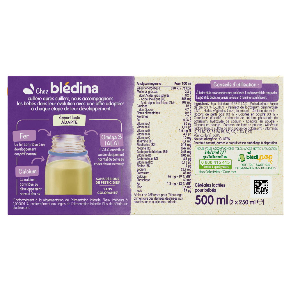 Blédîner - Briques Céréales lactées Carottes Petits pois - Dos