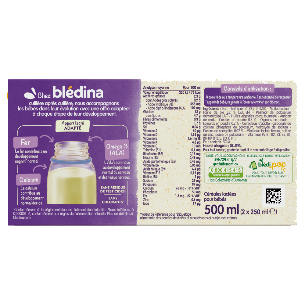Blédîner - Briques Céréales lactées Légumes variés - Lot x6 -  Dès 12 mois - Blédina - Dos