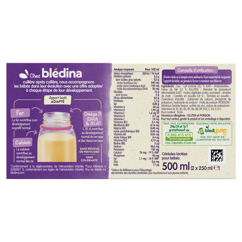 Blédîner - Briques Céréales Lactées Carottes - Lot x6 - Blédina - Dos