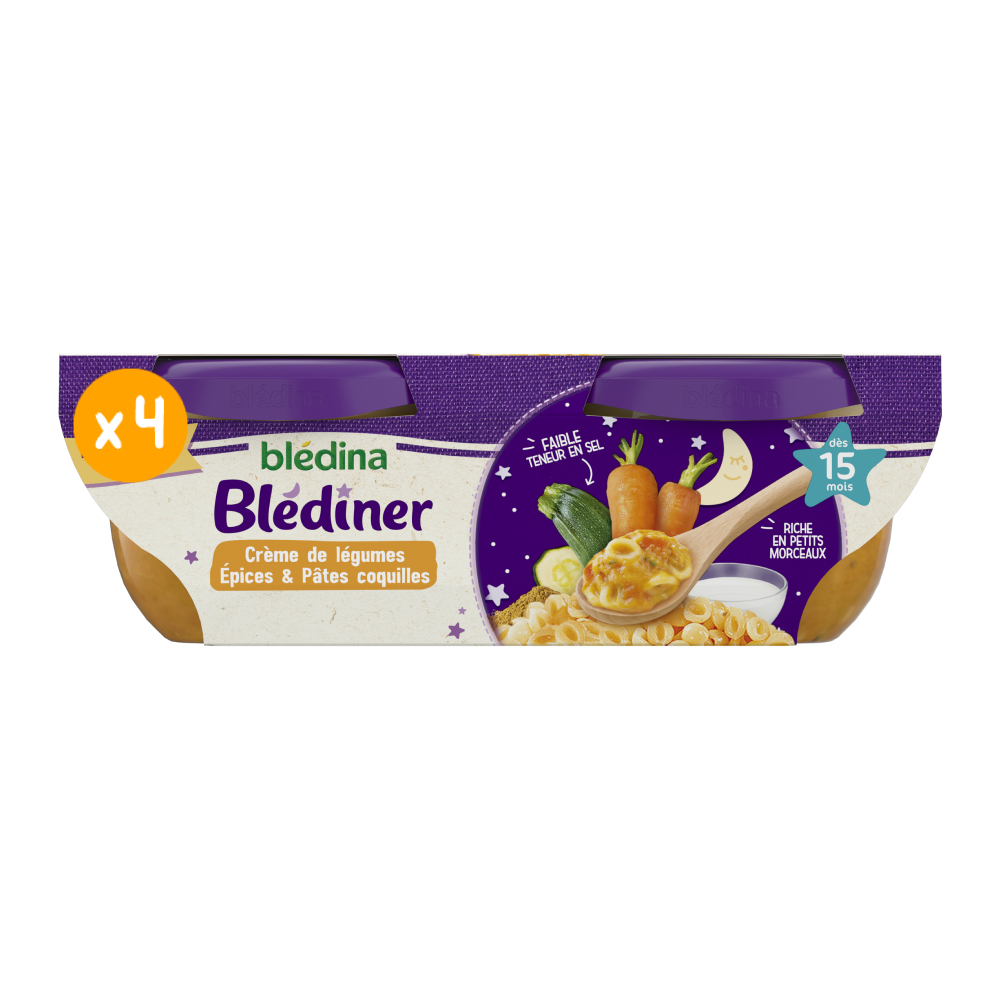 Blédîner - Crème de légumes aux épices douces et pâtes coquilles - Lot x4 des 6 mois