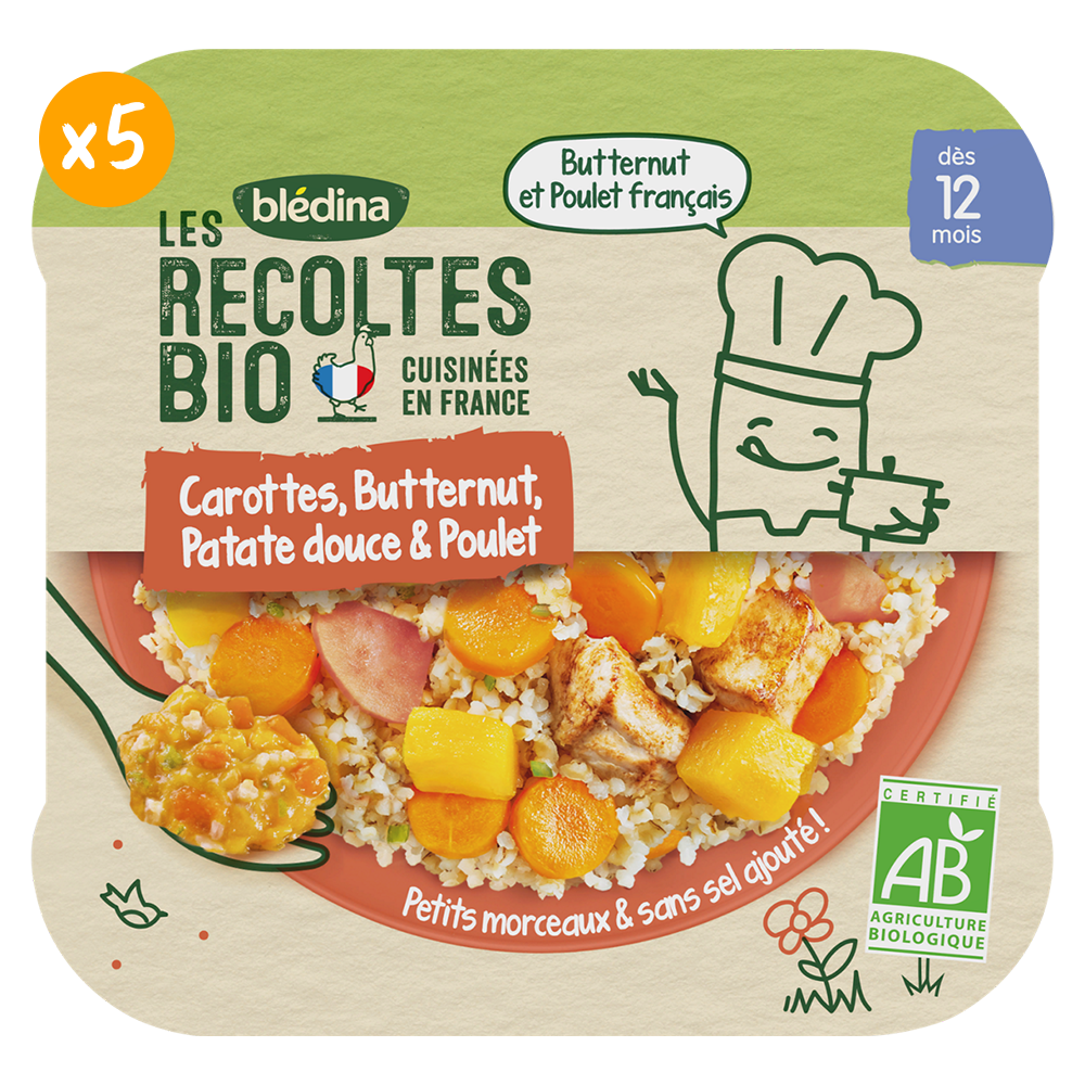 Les Récoltes Bio - Carottes, Butternut, Patates douces et Poulet - Lot x5