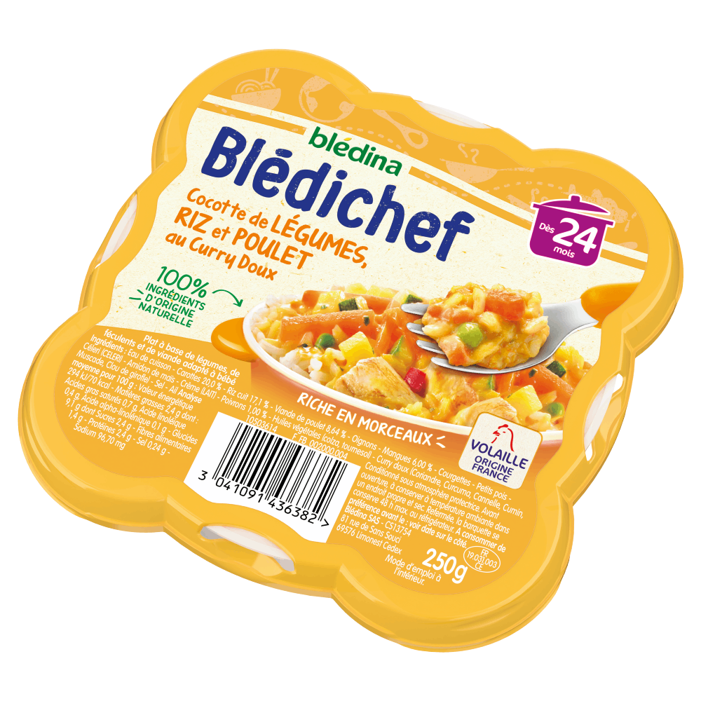 Blédichef - Cocotte de Légumes, Riz et Poulet au Curry Doux  - Lot x9