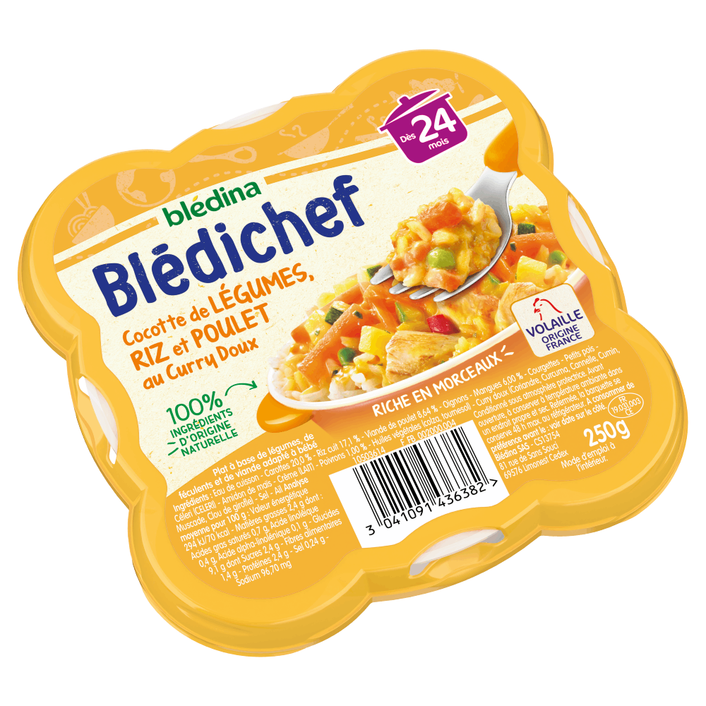 Blédichef - Cocotte de Légumes, Riz et Poulet au Curry Doux  - Lot x9