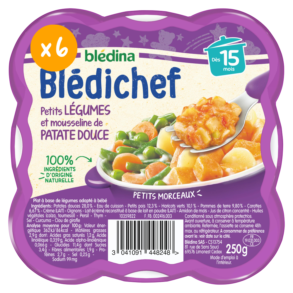 Blédichef - Petits légumes et mousseline de Patate douce - Lot x6 - Blédina - Dès 15 mois - Face