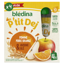 Gourdes P’tit Dej - Pomme Poire Orange Avoine Blé - 4x85g - Blédina - Dès 10 mois - Face