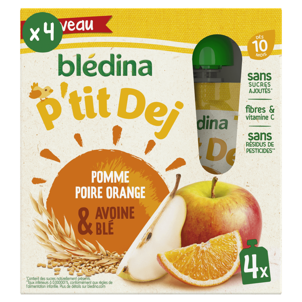 Gourdes P’tit Dej - Pomme Poire Orange Avoine Blé - 4x85g - Blédina - Dès 10 mois - Face