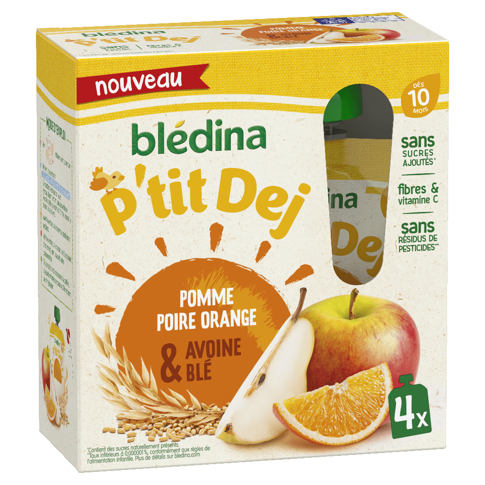 Gourdes P’tit Dej - Pomme Poire Orange Avoine Blé - 4x85g - Blédina - Dès 10 mois - Face 3D